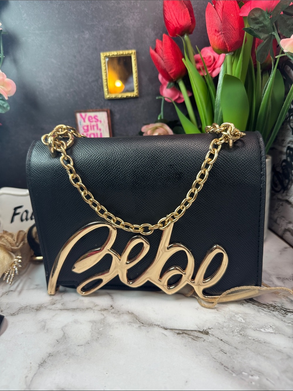 bebe Black Crossbody Bag with Gold Script and Chain - Picture 8 of 13